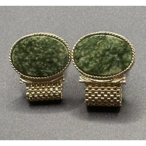 SWANK VINTAGE GREEN JADE CUFFLINKS MESH WRAPAROUND GOLD TONE - Picture 7 of 7